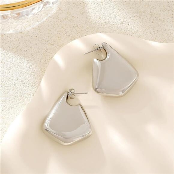 Trendy Geometric Silver Statement Earrings – Chunky Lightweight Drops - Picture 1 of 6